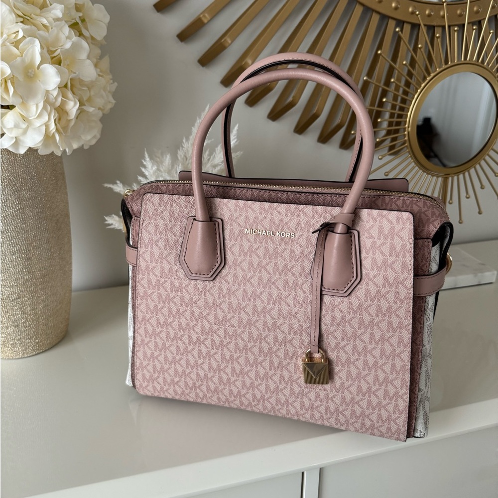 Michael Kors Blush Pink Mercer Medium Color-Block Logo Belted Satchel